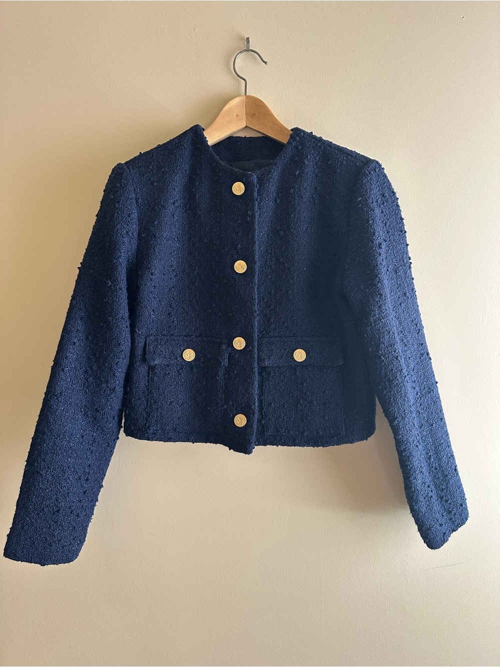 Abercrombie & Fitch Navy Bouclé Cropped Jacket with Gold Buttons